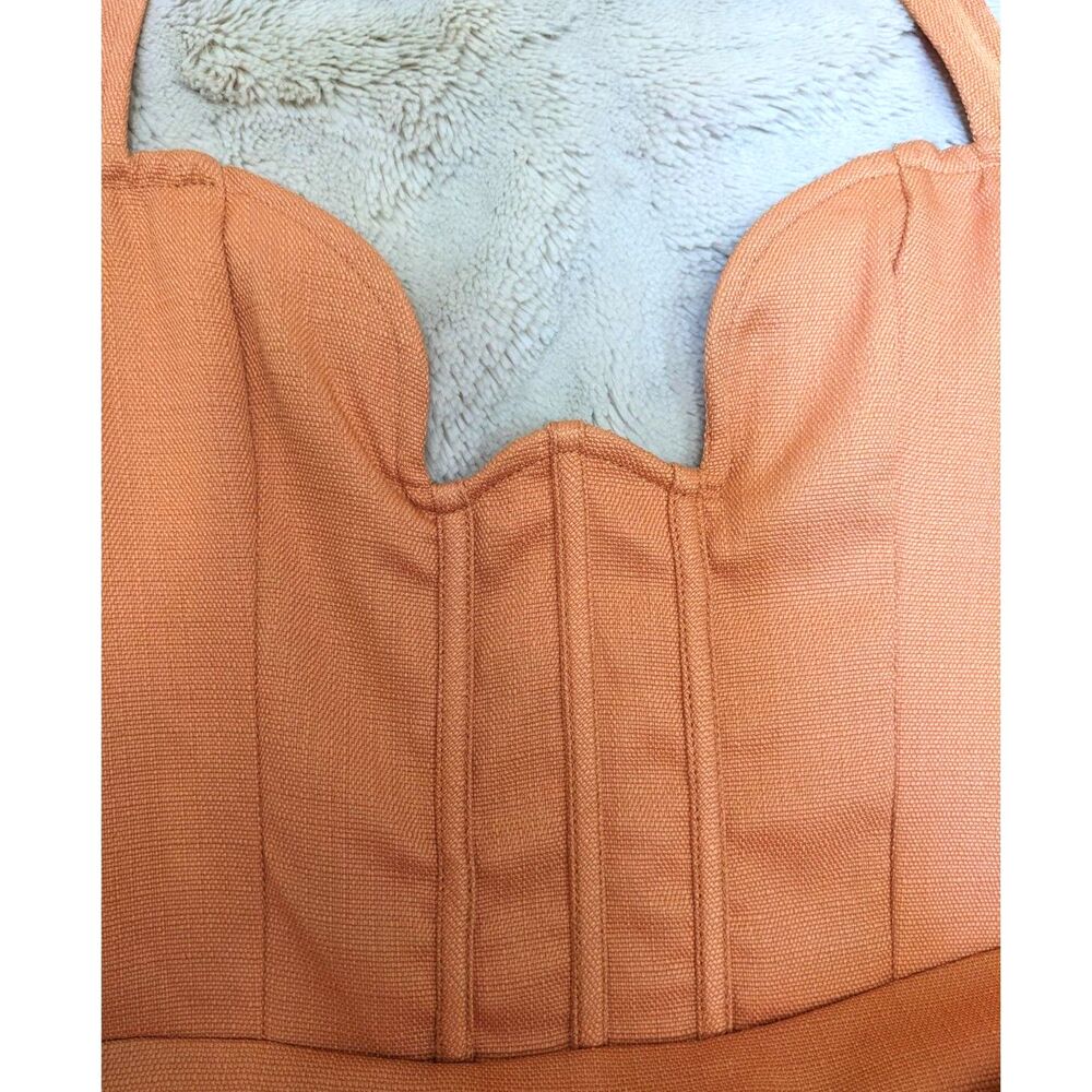 NWT PrettyLittleThing Orange Textured Woven Extreme V Bar Halter Bodycon Dress/6 - Picture 4 of 7